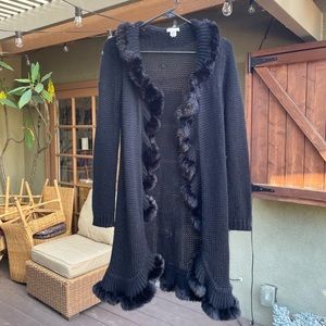 90s fur lined black knit long cardigan